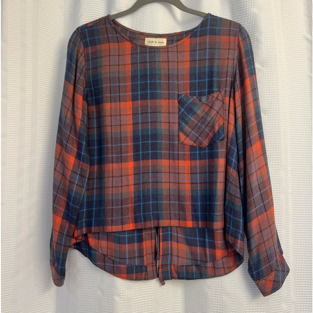 Cloth And Stone Womens Plaid Flannel Shirt Lace Up Back Size Small Pocket.